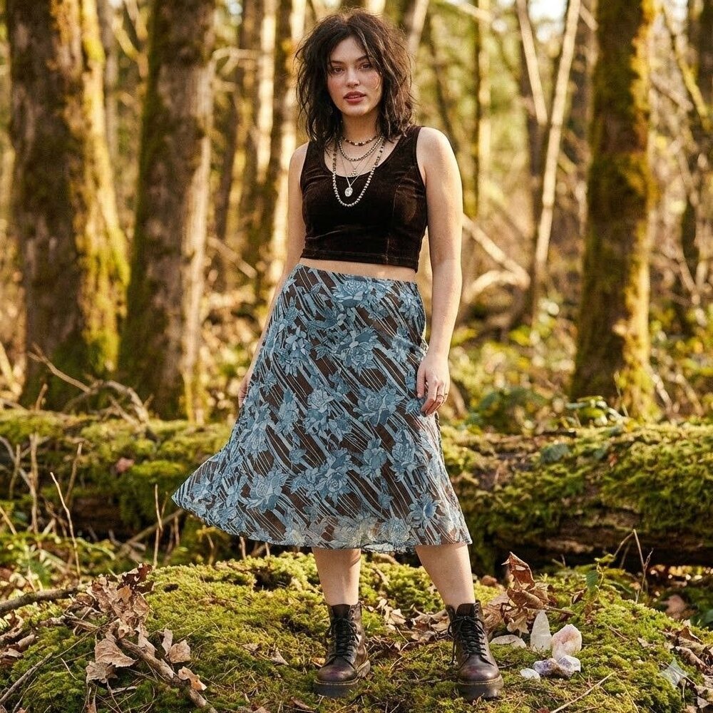 Vintage Y2K Fairy Grunge Midi Skirt Brown Blue Floral Chiffon Plus Size 18 Boho